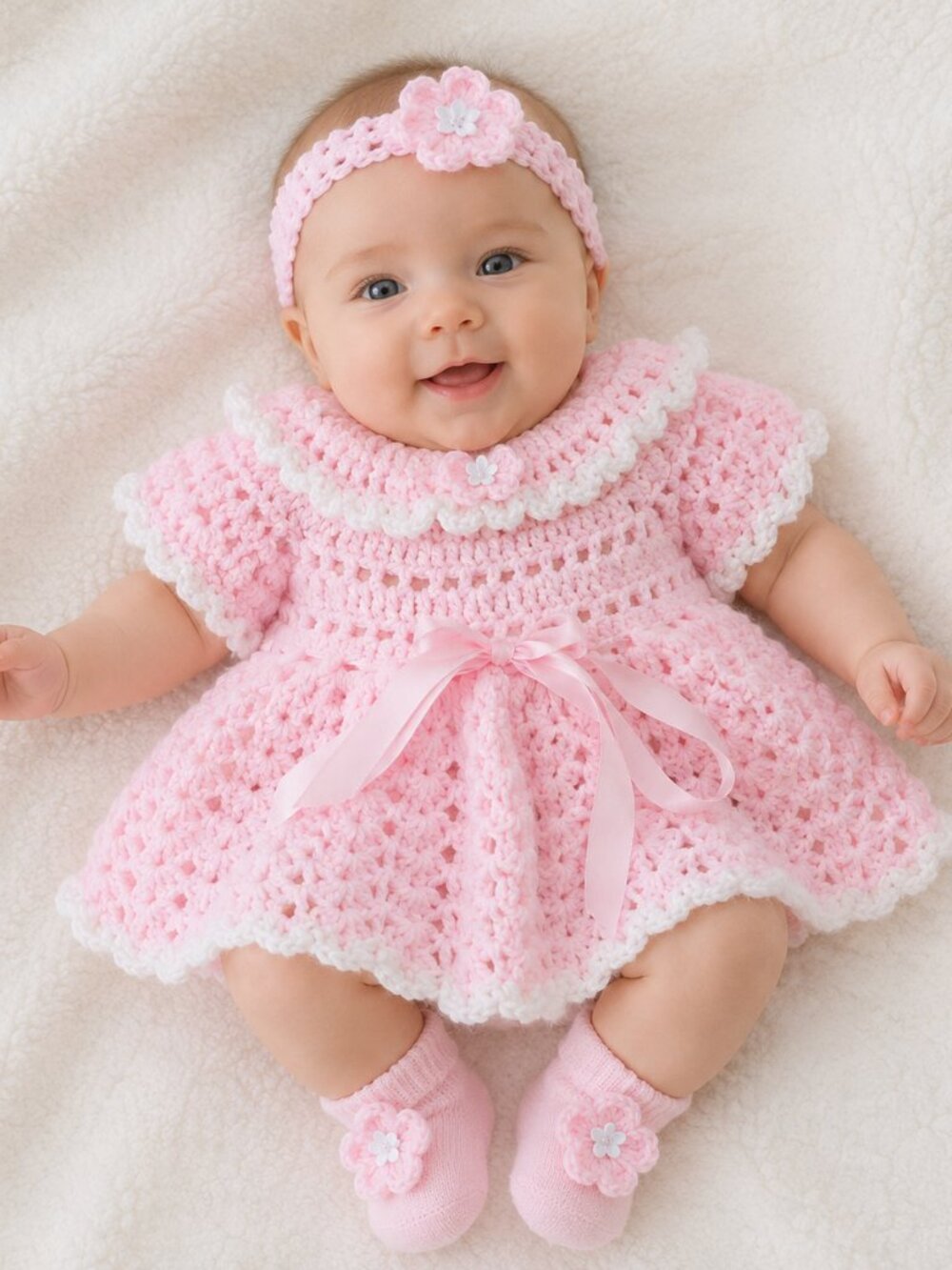 Handmade Crochet Baby Girl Dress Set 0-3 Months, Pink & White Outfit & headband
